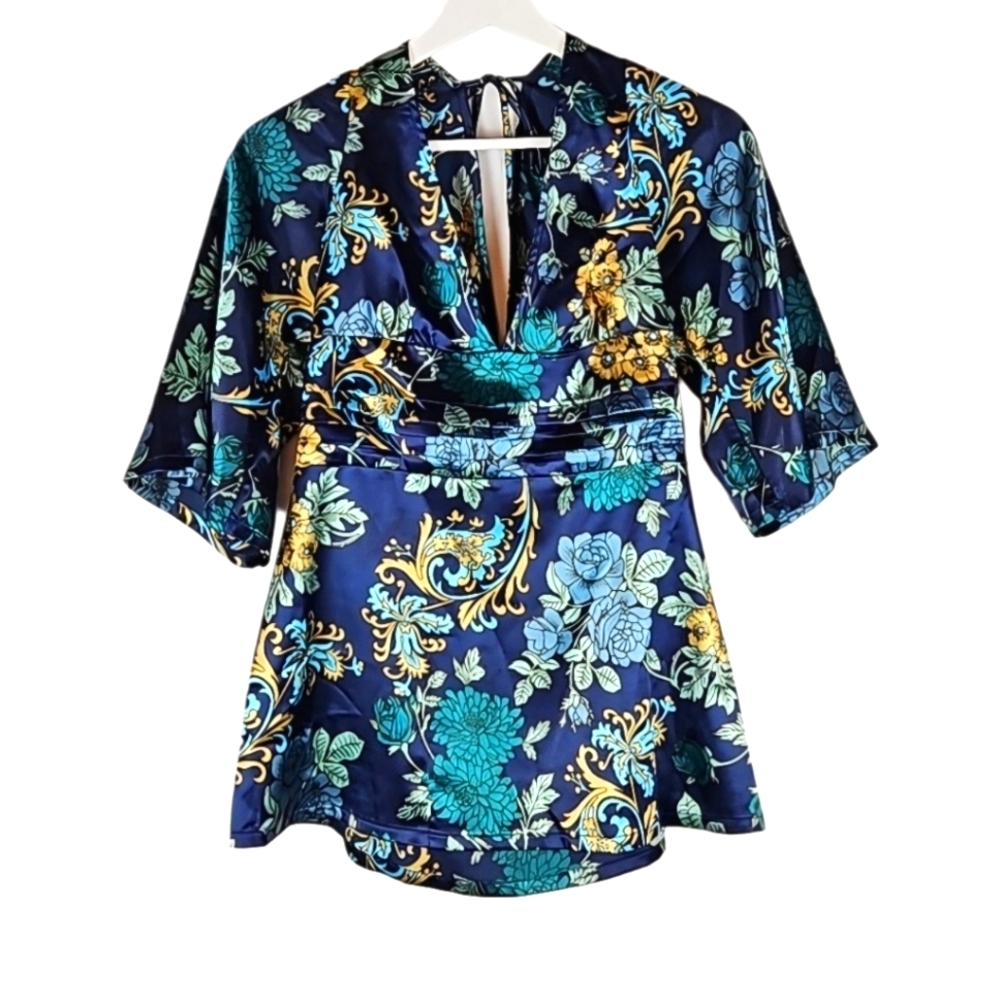 GUESS Blue Floral Satin Blouse Size M